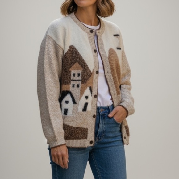 Vintage Arcohi’s Alpaca Wool Cardigan Sweater Beige Brown Graphic Peruvian Scene - Picture 2 of 12